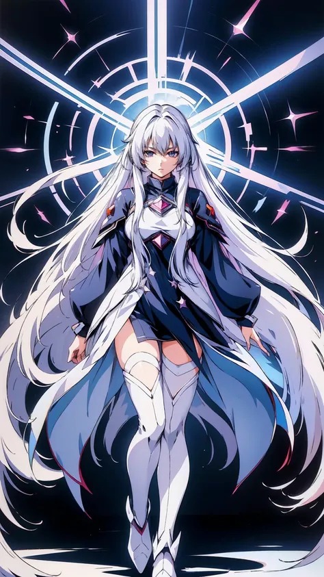 anime girl with long white hair and a star in her hair, white-haired god, anime girl with space hair, star(null) starry_null, cu...