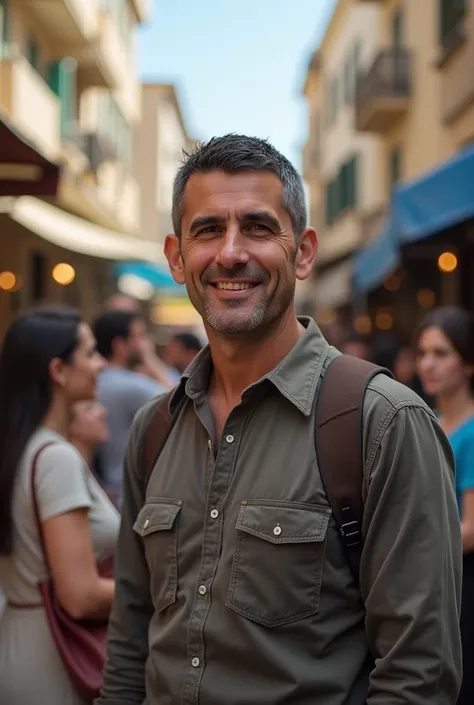 Realistic photo of 30-year-old Israeli man, with Israeli women in an Israeli area focus on the image.