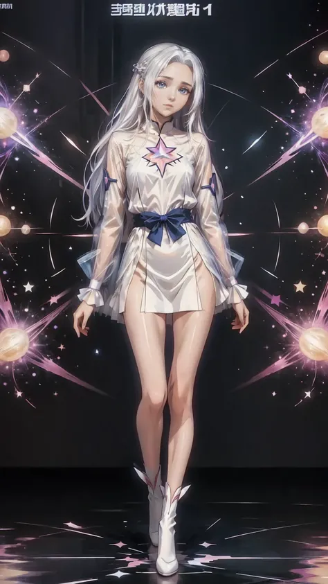 anime girl with long white hair and a star in her hair, White-haired God, Anime girl with space hair, star(null) starry_null, Cute Girl Anime Visual, Splash art anime , White glow, White Hair Girl, Ethereal Anime, akasuki voidstar, Celestial Aura, Nightcor...