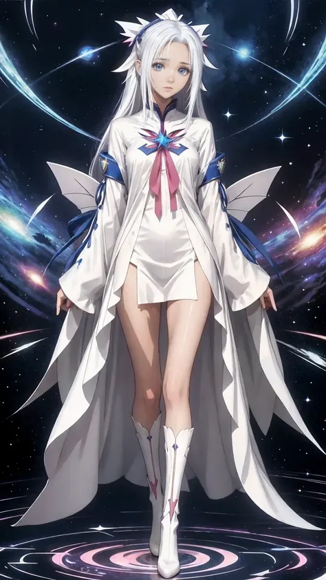 anime girl with long white hair and a star in her hair, White-haired God, Anime girl with space hair, star(null) starry_null, Cute Girl Anime Visual, Splash art anime , White glow, White Hair Girl, Ethereal Anime, akasuki voidstar, Celestial Aura, Nightcor...