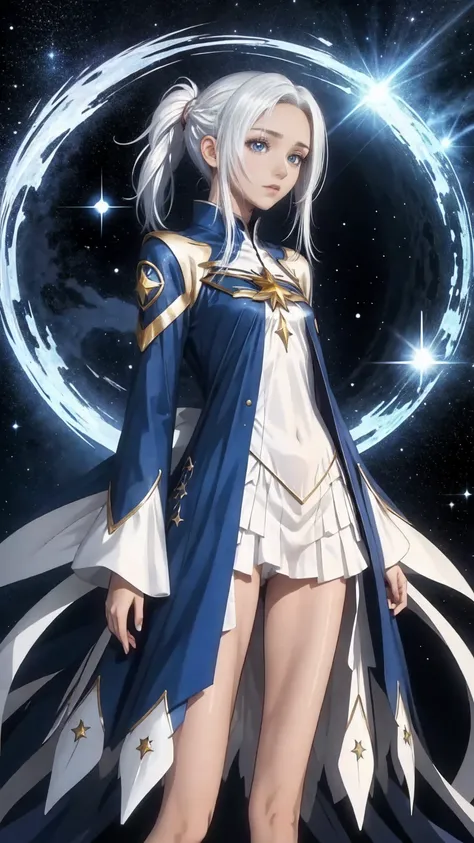 anime girl with long white hair and a star in her hair, white-haired god, anime girl with space hair, star(null) starry_null, cu...