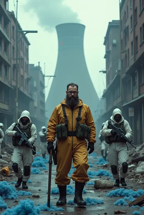 A middle-aged man with a full beard and scientist-style glasses, wearing an iconic Hazard Suit from the game Black Mesa, stands firmly holding “crowbar-tool” in a post-apocalyptic city ravaged by nuclear war. Four soldiers in white hooded outfits with gas ...