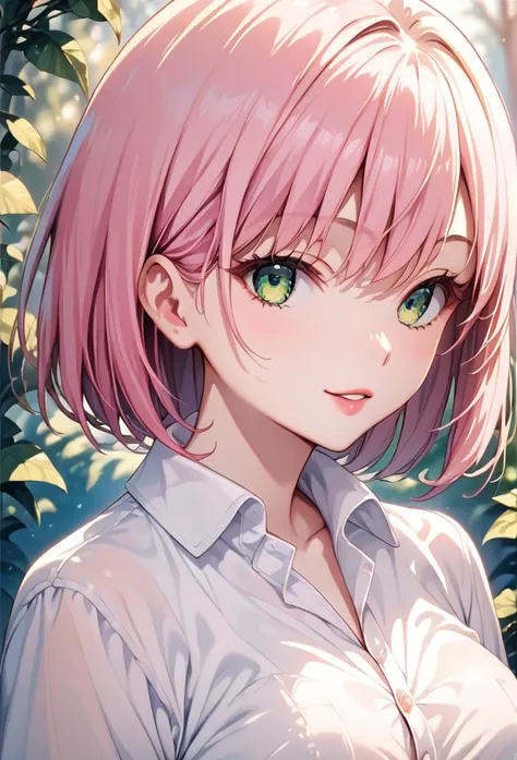 score_9, score_8_up, score_7_up, score_6_up, score_5_up, score_4_up, (source_anime), 1 girl, pink hair, middle straight hair, vibrant green eyes, upper body  focus, (white shirt)