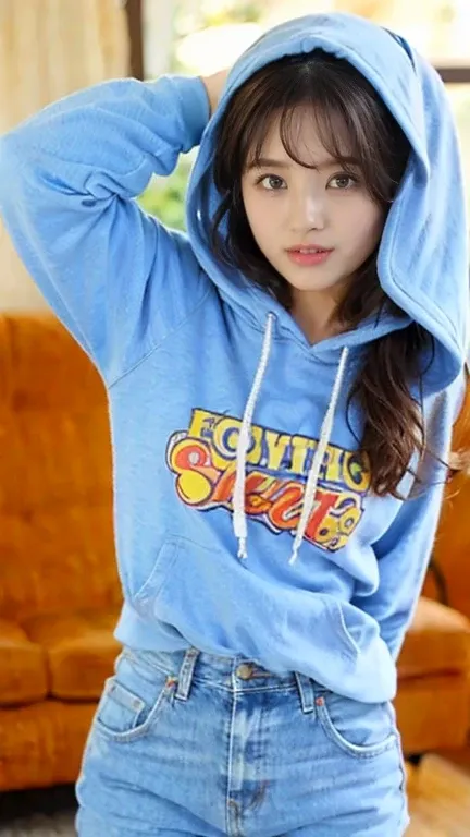 solo, One girl, Long Hair, blue eyes, Brown Hair, Hoodie denim color