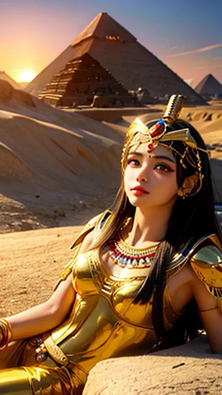 Egyptian pyramids in the background、An elegant depiction of Cleopatra, Dramatic golden sunset.