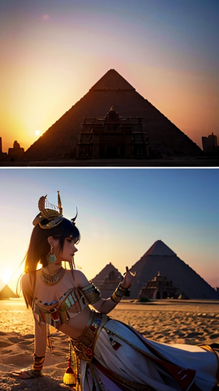 Egyptian pyramids in the background、An elegant depiction of Cleopatra, Dramatic golden sunset.