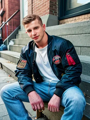 cinematic film still, 35mm film, 1man, wearing bomber jacket and shirt and jeans, relaxed expression, sitting on stoop, brooklyn...