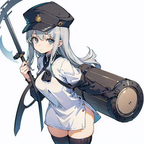 one girl, gray hair, small breasts, simple background, portrait twin blade, a big, baggy black newsboy hat、