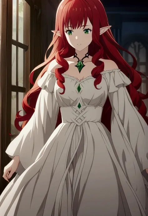 1 girl, red hair, long curly hair, green eyes, worn white dress, banshee, pointed ears, CG, screenshot