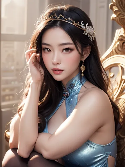 A 4 middle-aged woman wearing a super sexy black sheer cheongsam, Beautiful fantasy empress, ((Beautiful fantasy empress)), goddess. Extremely high detail, Portrait of the Queen of Light, goddess of light, celestial goddess, portrait of a beautiful goddess...