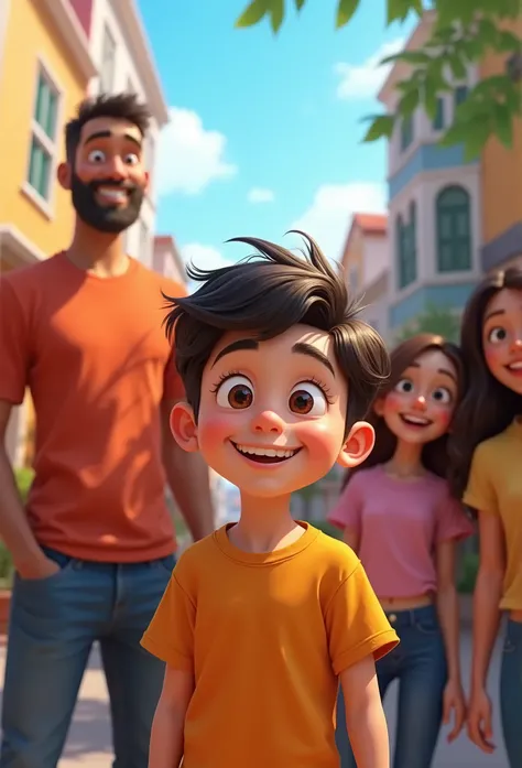 create a Pixar-style banner. A happy boy with people, one is taller and has no beard in an orange shirt 