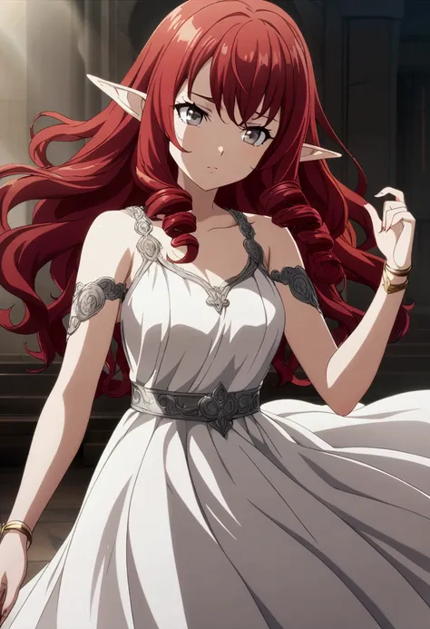 1 girl, red hair, long curly hair, gray eyes, white dress, elf girl, pointed ears, CG, screenshot