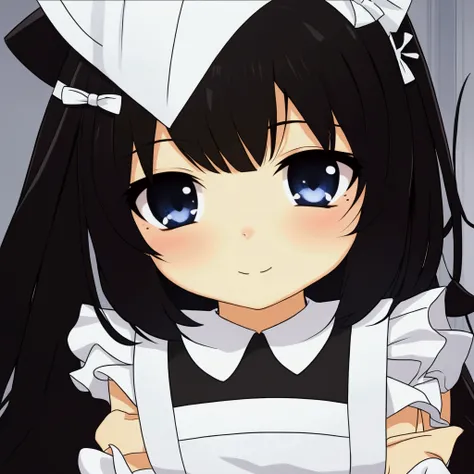 Anime girl with black hair and white apron holding a knife, anime girl in a maid costume, maid outfit, anime cat girl in a maid costume, Cute girl anime visual, Anime cute art style, gorgeous maid, maid, Lolish, , , Shikami, maid dress, Cute anime face, we...