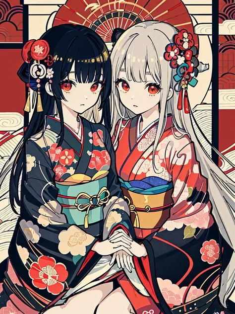 high detail illustration, Design an illustration of two young woman in a traditional Japanese kimono adorned with detailed floral embroidery. 黒い目、She is surrounded by a tapestry-like background of blooming flowers, evoking the elegance of a traditional mil...