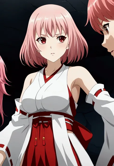 1 girl, pink hair, short hair above the shoulders, pink-red eyes, miko clothing, CG, screenshot