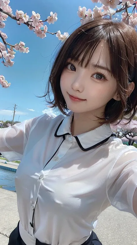 (Wearing a collared blouse、A girl with small breasts and short hair:1.5)、(The girl spread her arms with a small smile.、Let your hair fly in the wind :1.5)、(Cherry blossom trees in full bloom and petals dancing in the wind:1.5)、(Perfect Anatomy:1.3)、(No mas...