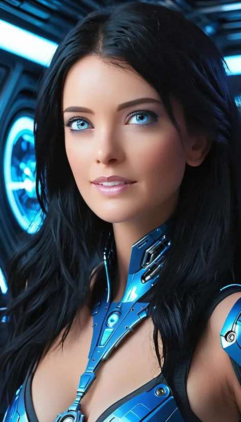 woman, Mechanical Blue Body ，Best Quality, masterpiece 8k,Futuristic blue lit spaceship interior，サイバーブルースーツを着たwoman，Black Hair，blue eyes，Shortcuts, Best Quality, High resolution, , blue eyes, 