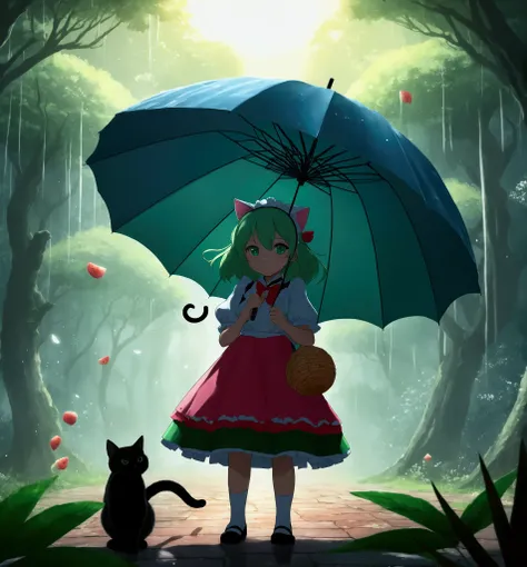 Cartoon character holding umbrella and cat in the background，With a title, Middle Yuan Festival, From, Projected, [ Concept Art ]!!, , touhou, Lolish, Magical dreamy atmosphere, beast, DeviantArt Contest Winners, The material is!!! watermelon!!!, Maid in t...