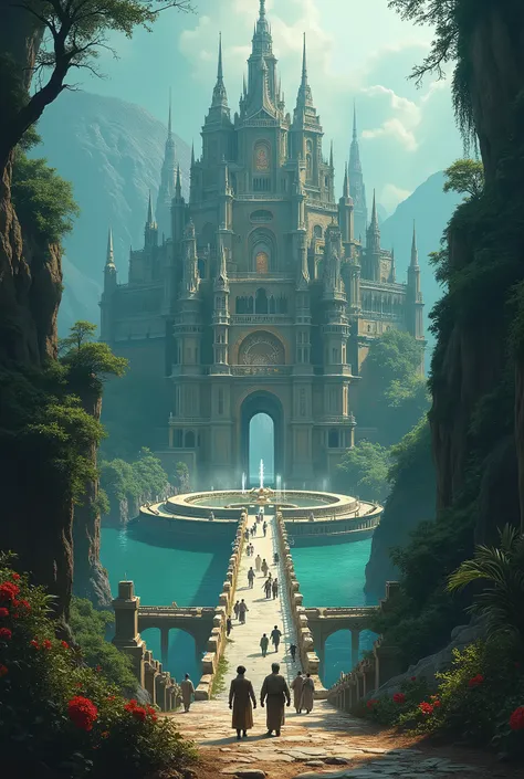 a breathtakingly detailed, high-contrast, ultra-high-resolution blueprint illustration of a sprawling, majestic Imperial city set in a fantastical deep sunken world, many men and women walking everywhere, with intricate stone architecture, grandiose spires...