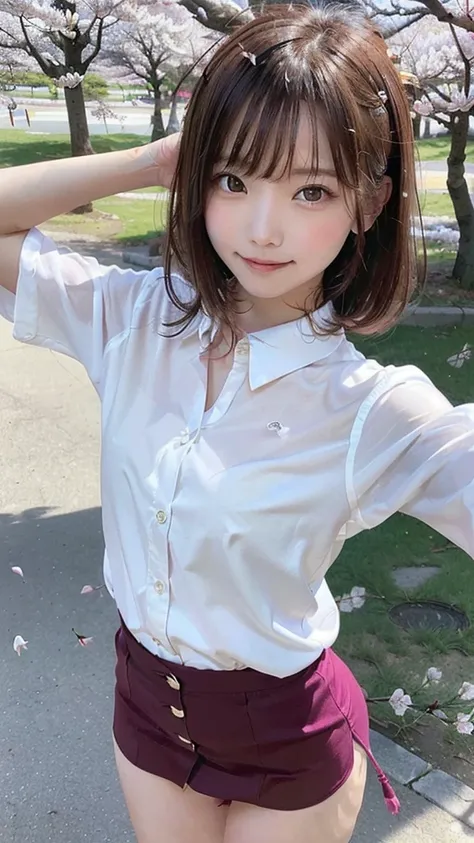 Realistic、photo shoot、Best Quality、High resolution, Delicate and beautiful、Perfect Face、Detailed and beautiful eyes、White skin、Real human skin、((Thin legs))、(Brown Hair)、((Low Angle))、(Wearing a collared blouse、girl:1.5)、(The girl spread her arms with a sm...