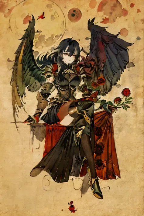 ((Best Quality)), ((masterpiece)), (detailed),Fantasy,knight,Full body shot of a girl sitting with her knees raised, Side view,((Multicolored hair color,Long black hair,Red back hair)), Black Flower Armor,mini skirt,Slanted Eyes,thin,compensate,Large Breas...