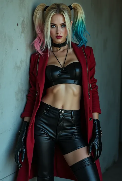 High quality sexy body, sensual poseblonde hair, Harley Quinn, Dominant, blue eyes, eye contact</input></xml>, arrogant, thick eyebrows, evil smile, black eyeliner, sporty, high, model, posing. Create an intense, evocative portrait in cyberpunk style . Her...