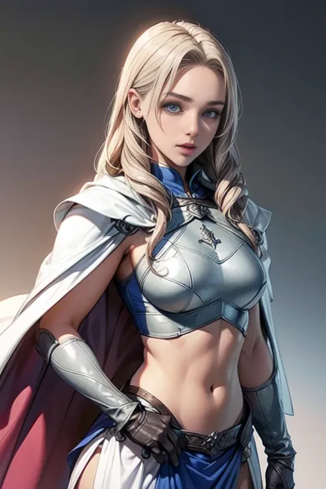 adult girl, long blonde, beautiful face and eyes, blue eyes, slim and muscular body, medium chest, white capes, iron paladin arm...