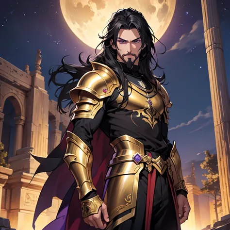 4K, high resolution, male human, purple eyes, golden full armor, goatee, knights of the zodiac, long straight black hair, ancient arena in the background.