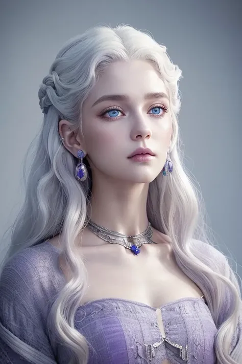 The prettiest 20 yo Targaryen woman,white haired,natural theme, soothing tones, muted colors, high contrast,(natural skin texture , hyperréalisme, mixed violet and blue eyes and long very curly hair, defined jawline with the series “house of the dragon” es...