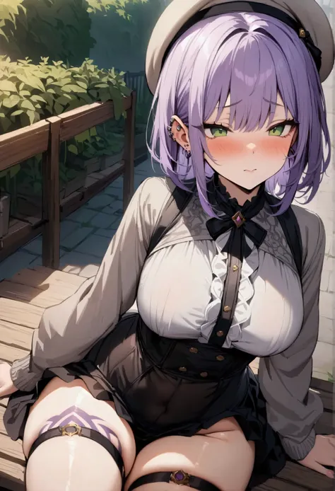 NSFW,masterpiece,Best Quality,High resolution,Very detailed,One Girl,Purple Hair,Green Eyes,Jirai system、Frilled shirt、High Waist Skirt、Grey cardigan、Beret、Thigh straps、Thigh Tattoo、Ear Piercing,garden,Square,bench,Dissatisfied face,blush,Wisdom face