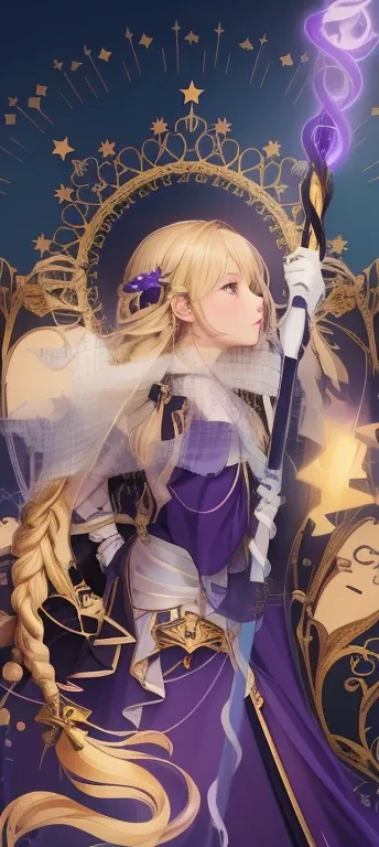 Anime girl with long blonde hair holding a wand and a star., Rubia - Princess of Hair, Detailed anime drawings, Artbook Illustration, Shadowverse style, Clergy, Marisa Kirisame, Violet Evergarden, Inspired by Lee Chevalier, Arthur Pendragon, Official high-...