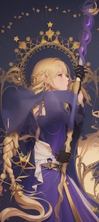 Anime girl with long blonde hair holding a wand and a star., Rubia - Princess of Hair, Detailed anime drawings, Artbook Illustration, Shadowverse style, Clergy, Marisa Kirisame, Violet Evergarden, Inspired by Lee Chevalier, Arthur Pendragon, Official high-...