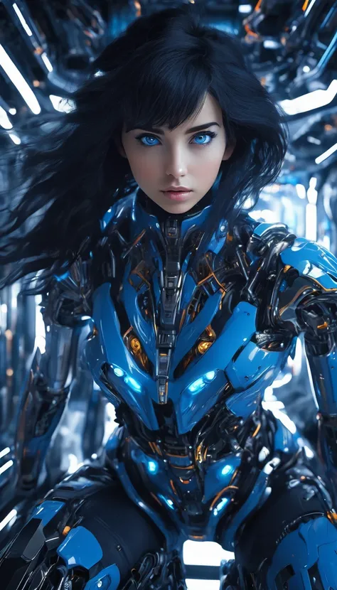 woman, Mechanical Blue Body ，Best Quality, masterpiece8k,Futuristic spaceship interior，サイバーブルースーツを着たwoman，Black Hair，blue eyes，Shortcuts, Best Quality, High resolution, , blue eyes, 