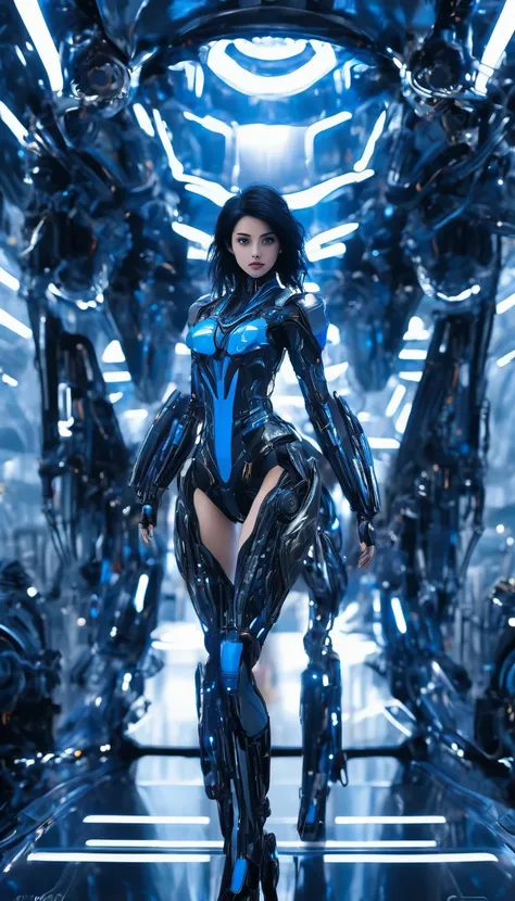 woman, Mechanical Blue Body ，Best Quality, masterpiece8k,Futuristic spaceship interior，サイバーブルースーツを着たwoman，Black Hair，blue eyes，Shortcuts, Best Quality, High resolution, , blue eyes, 