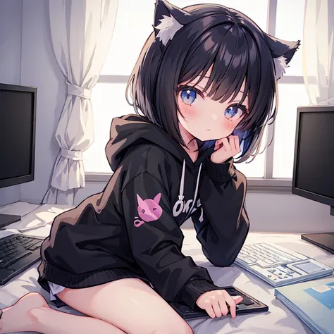 Anime girl in a room with a lot of electronic devices, Alone, Pixiv, Pixel Art, Lo-fi Girl, cute anime cat girl, Lofi Artstyle, Lo-fi Girl aesthetic, Anime aesthetics, Black hoodie, Cat ears anime girl, Lofi Art, Beautiful anime cat girl, nekomimi,　A girl ...