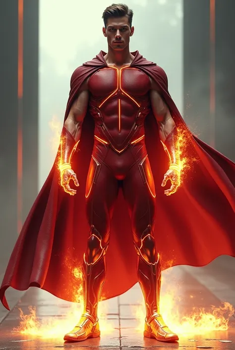 Full body photorealistic handsome hunky young Adam slender futuristic Kamen rider Wizard.  wearing a red micro scale textured costume and, maroon leather cape,,,and wristbands that  manipulate energy , his body is covered with fire  bursting energy,, face ...