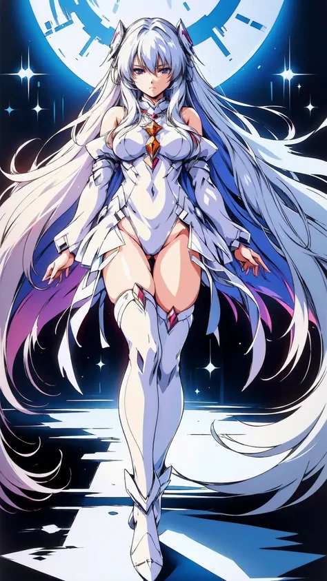 anime girl with long white hair and a star in her hair, White-haired God, Anime girl with space hair, star(null) starry_null, Cute Girl Anime Visual, Splash art anime , White glow, White Hair Girl, Ethereal Anime, akasuki voidstar, Celestial Aura, Nightcor...