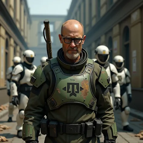 Half Life 2, videogame,  Gordon Freeman, elderly, wrinkles on the forehead, Red-haired, short haircut, ухоженная бородка eспаньолка, e, Square glasses, holds a crowbar in his right hand, holds a gravity gun in his left hand, , dressed in a protective suit ...