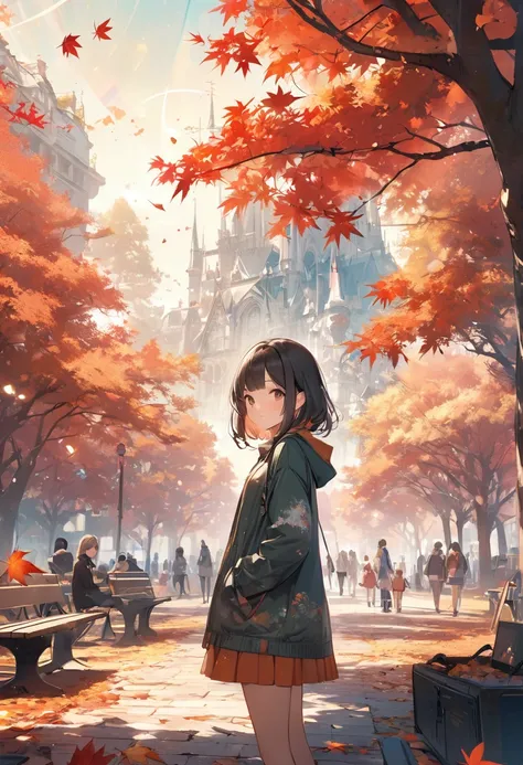 (masterpiece, best quality),(double exposure: 1.2), subtle colors, post-grunge, concept art, paint splatters, intricate details. trends in art station, detailed depiction,(cute girl is melts in the autumn,tween,park),kawaii face,surrounded by maple tree an...