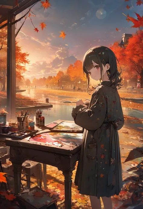 (masterpiece, best quality),(double exposure: 1.2), subtle colors, post-grunge, concept art, paint splatters, intricate details. trends in art station, detailed depiction,(cute girl is melts in the autumn,tween,park),kawaii face,surrounded by maple tree an...