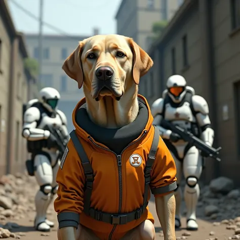 Half Life 2, videogame, labrador retriever, dressed in an orange protective suit with the letter lambda on the chest HEV full body protective suit, developed at Black Mesa to protect scientists, working in hazardous conditionspov, looks at the viewer, in t...