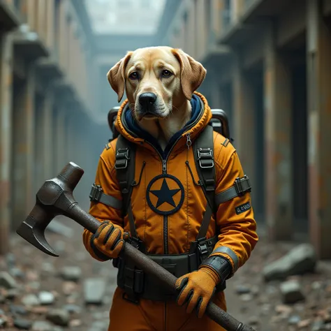 photorealistic, Half Life 2, videogame, labrador retriever, dressed in an orange protective suit with the letter lambda on the chest, HEV full body protective suit, developed at Black Mesa to protect scientists, working in hazardous conditions, holds a cro...