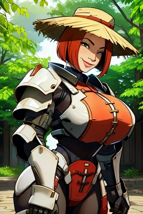 redhead, bob haircut, vietnamese hat, Big Breasts, smile, power armor