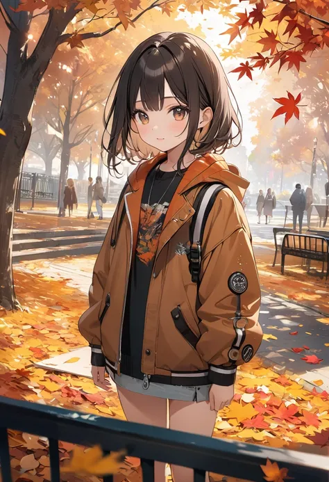 (masterpiece, best quality), subtle colors, post-grunge, concept art, paint splatters, intricate details. trends in art station, detailed depiction,(cute girl is melts in the autumn,tween,park),surrounded by autumn leaves and fallen leaves symbols),retro,l...