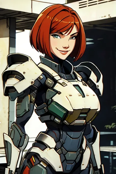 redhead, bob haircut, Big Breasts, smile, power armor