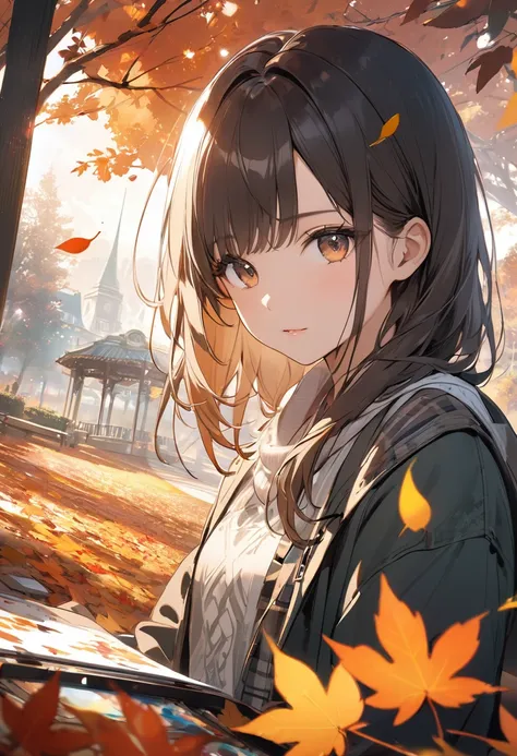 (masterpiece, best quality),(double exposure: 1.2), subtle colors, post-grunge, concept art, paint splatters, intricate details. trends in art station, detailed depiction,(cute girl is melts in the autumn,tween,park),surrounded by autumn leaves and fallen ...