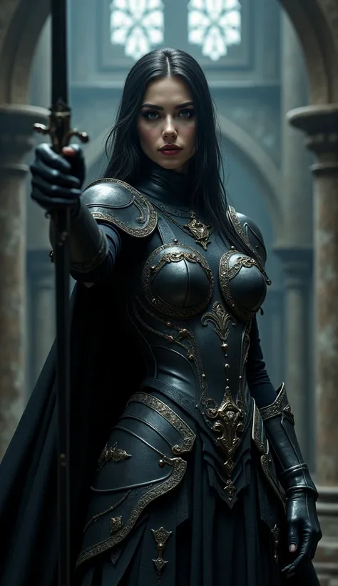 a female dark paladin, dark knight, evil knight, pointing with dark sword to viewer,  gothic fantasy, highly detailed face, beautiful detailed eyes, beautiful detailed lips, ornate armor, flowing cloak, imposing stance, dark medieval castle, moody lighting...