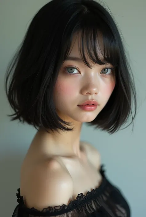 a girl with smooth, shiny black hair,age 15 , short bob hair down to shoulders, the forehead is hidden by the bangs. moist pale ...