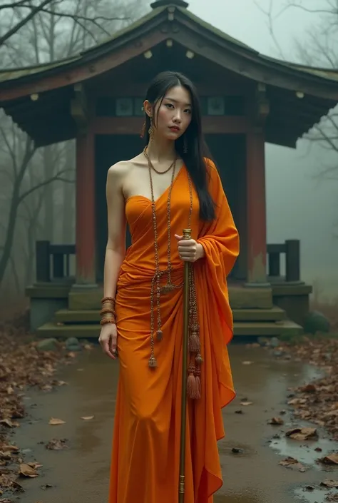 ((Top quality)), ((masterpiece)), (detailed), 1woman, Beautiful attractive woman, (Smile), extremely delicate and beautiful,(Beautiful and detailed eyes description),((delicated face)), Woman is wearing a traditional orange Buddhist robe, (see-through), dr...