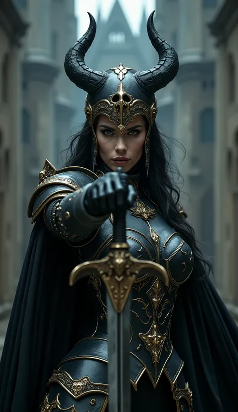 Full body shot, a female dark paladin, dark knight, evil knight, pointing with sword to viewer, a helmet carved in the shape of a skull gothic fantasy, highly detailed face, beautiful detailed eyes, beautiful detailed lips, ornate with gold armor, flowing ...